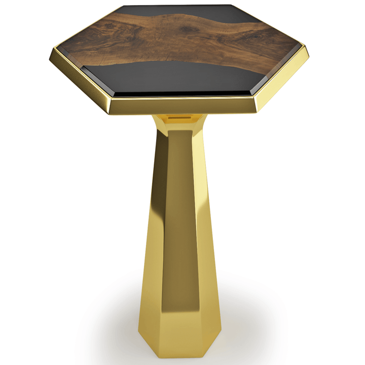 Despoina Hexagonal End Table - End & Side Table - www.arditicollection.com - Walnut Wood End & Side Table, dining tables, dining chairs, buffets sideboards, kitchen islands counter tops, coffee tables, end side tables, center tables, consoles, accent chairs, sofas, tv stands, cabinets, bookcases, poufs benches, chandeliers, hanging lights, floor lamps, table desk lamps, wall lamps, decorative objects, wall decors, mirrors, walnut wood, olive wood, ash wood, silverberry wood, hackberry wood