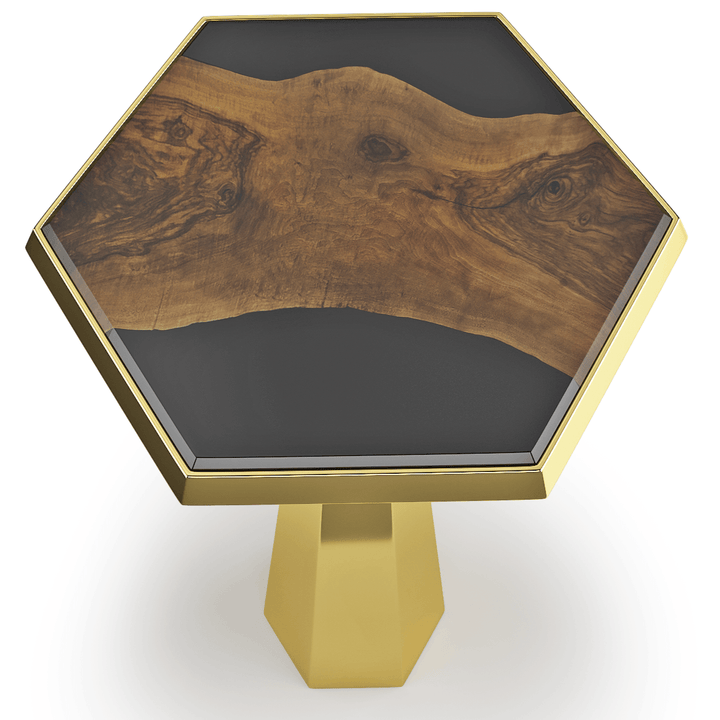 Despoina Hexagonal End Table - End & Side Table - www.arditicollection.com - Walnut Wood End & Side Table, dining tables, dining chairs, buffets sideboards, kitchen islands counter tops, coffee tables, end side tables, center tables, consoles, accent chairs, sofas, tv stands, cabinets, bookcases, poufs benches, chandeliers, hanging lights, floor lamps, table desk lamps, wall lamps, decorative objects, wall decors, mirrors, walnut wood, olive wood, ash wood, silverberry wood, hackberry wood